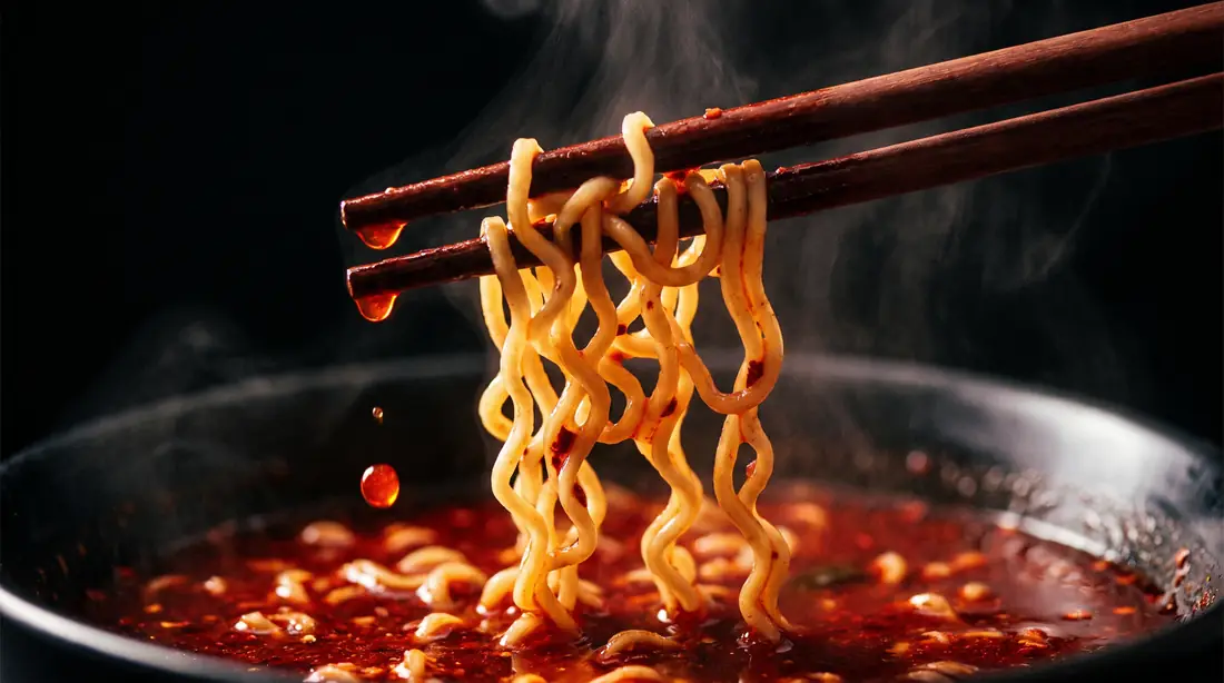 ちぢれ麺を持ち上げたところ（イメージ）
